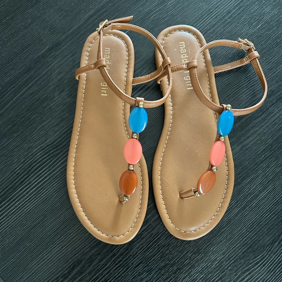Madden Girl Brown Sandals with Blue and Pink Beads - Picture 1 of 4